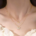 Double Layer Clavicle Chain Necklace Jewelry Zircon Butterfly Pendant Necklace (Gold)