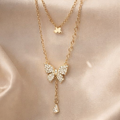 Double Layer Clavicle Chain Necklace Jewelry Zircon Butterfly Pendant Necklace (Gold)